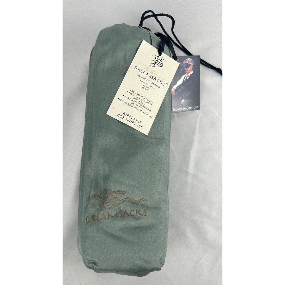 NEW Vtg Dreamsacks Silk Airplane Comfort Set Green Blanket Pillowcase Eye Mask